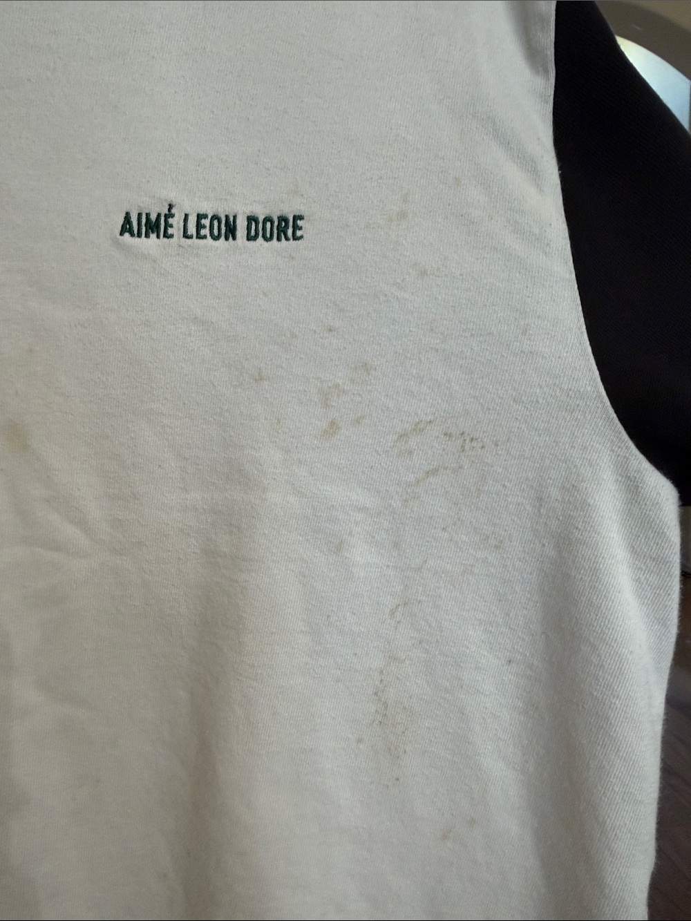 Aime Leon Dore White Long-Sleeve Crewneck with Green Trim and Contrast Sleeves - Picture 3 of 6